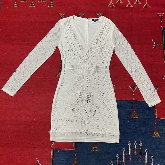 Privy Bedazzled White Rhinestone Long Sleeved Mini Dress Women’s Size Medium - Picture 2 of 12